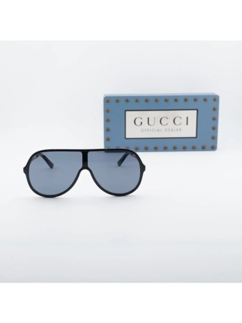 Gucci GG0199S 001 Shield Sunglasses - Shiny Black/Gold/Grey